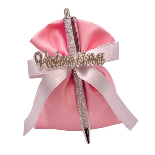 Bomboniera compleanno penna argento sacco rosa nome
